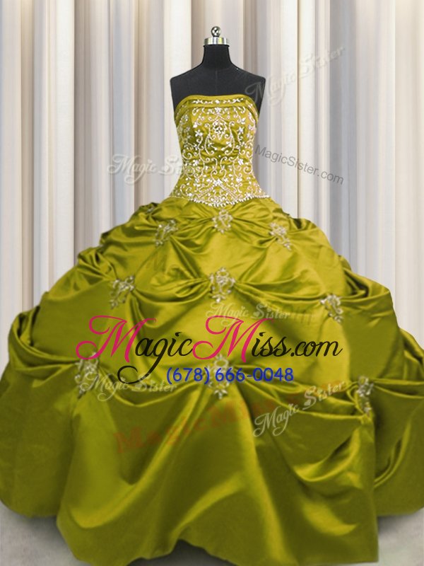 wholesale glorious olive green taffeta lace up quince ball gowns sleeveless floor length beading and appliques and embroidery