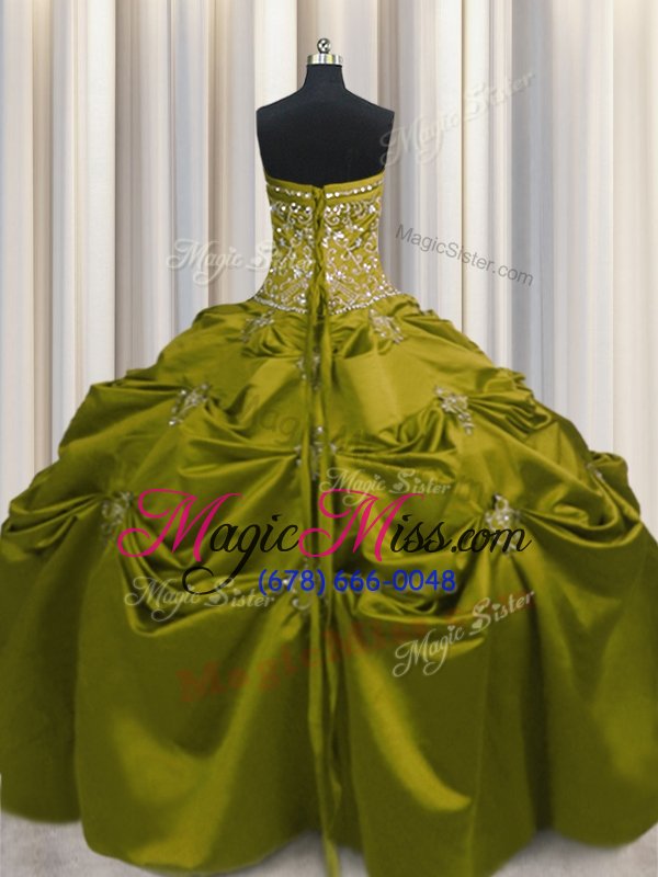 wholesale glorious olive green taffeta lace up quince ball gowns sleeveless floor length beading and appliques and embroidery