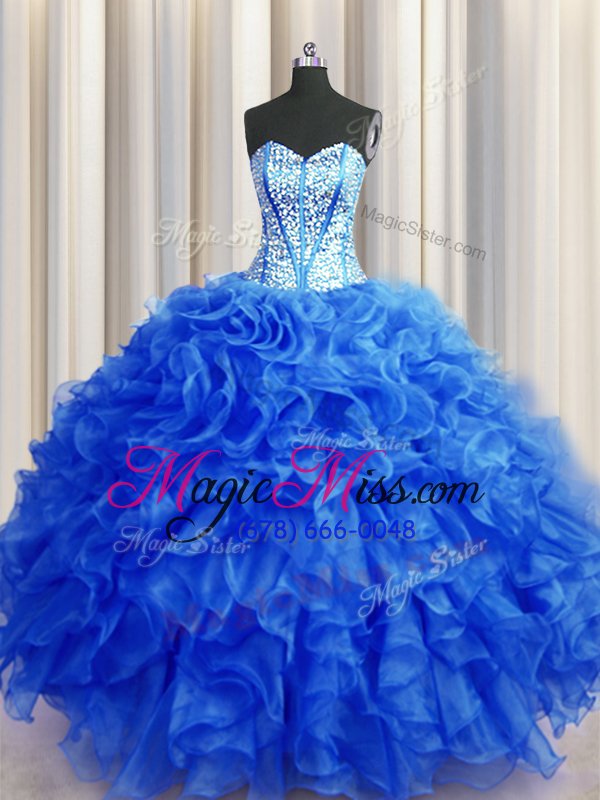 wholesale sweet visible boning beaded bodice sweetheart sleeveless ball gown prom dress floor length beading and ruffles royal blue organza