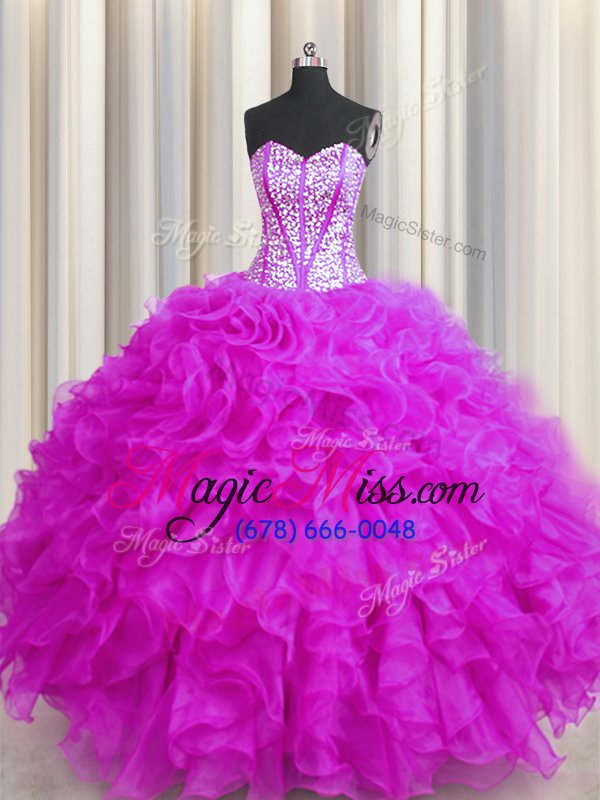wholesale popular visible boning beaded bodice floor length lace up quinceanera dress fuchsia and in for military ball and sweet 16 and quinceanera with beading and ruffles