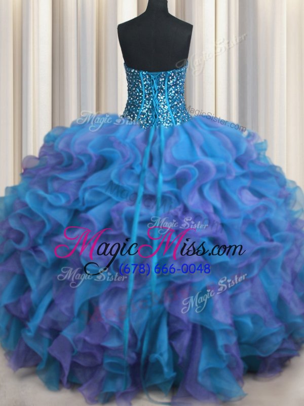 wholesale traditional visible boning bling-bling multi-color lace up sweet 16 quinceanera dress beading and ruffles sleeveless floor length