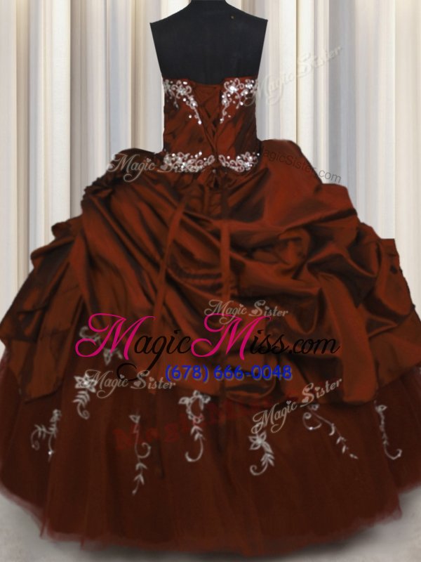 wholesale dramatic embroidery floor length rust red quinceanera gown taffeta sleeveless beading and appliques and pick ups