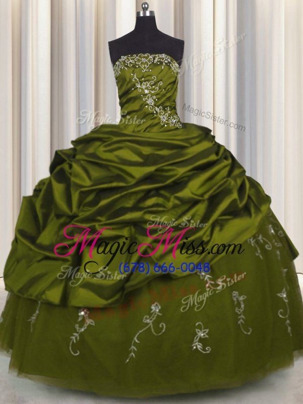 wholesale free and easy embroidery taffeta strapless sleeveless lace up beading and appliques and pick ups quince ball gowns in olive green
