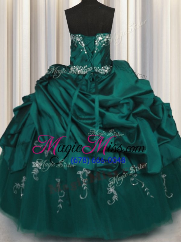 wholesale best selling peacock green taffeta lace up strapless sleeveless floor length ball gown prom dress beading and appliques and embroidery and pick ups
