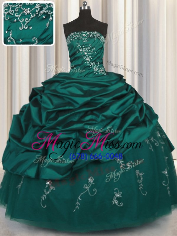 wholesale best selling peacock green taffeta lace up strapless sleeveless floor length ball gown prom dress beading and appliques and embroidery and pick ups