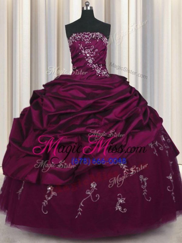 wholesale latest strapless sleeveless sweet 16 dress floor length beading and appliques and pick ups purple taffeta