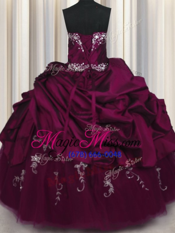 wholesale latest strapless sleeveless sweet 16 dress floor length beading and appliques and pick ups purple taffeta