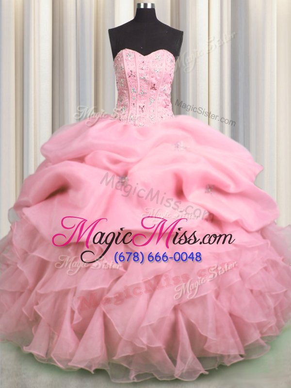 wholesale exquisite visible boning rose pink ball gowns organza sweetheart sleeveless beading and ruffles and pick ups floor length lace up quince ball gowns