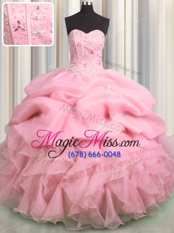 wholesale exquisite visible boning rose pink ball gowns organza sweetheart sleeveless beading and ruffles and pick ups floor length lace up quince ball gowns