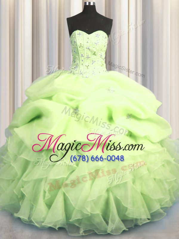 wholesale suitable visible boning yellow green ball gowns organza sweetheart sleeveless beading and ruffles and pick ups floor length lace up sweet 16 dress