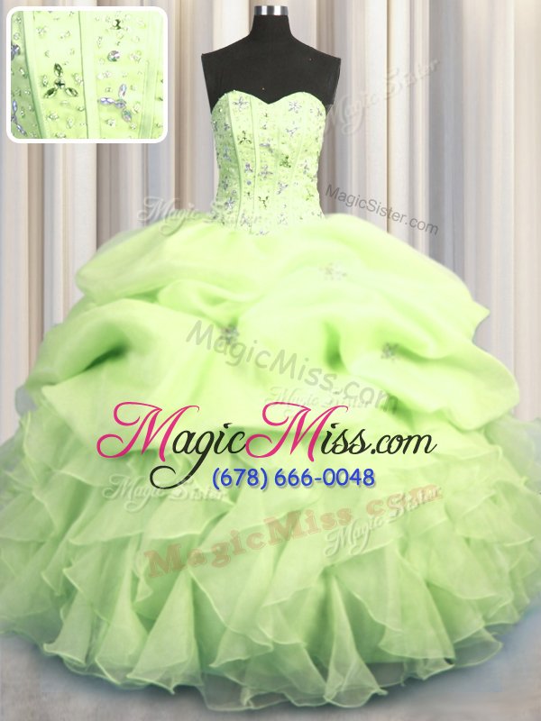 wholesale suitable visible boning yellow green ball gowns organza sweetheart sleeveless beading and ruffles and pick ups floor length lace up sweet 16 dress