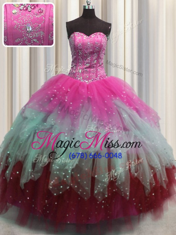 wholesale sophisticated visible boning floor length lace up ball gown prom dress multi-color and in for military ball and sweet 16 and quinceanera with beading and ruffles and sequins