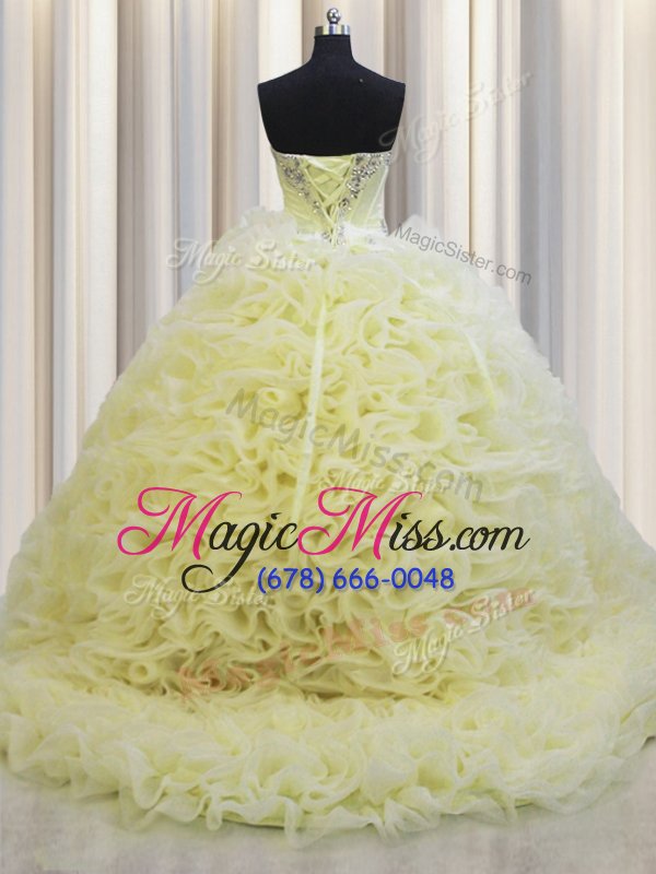 wholesale great rolling flowers brush train light yellow sweetheart neckline beading and pick ups quinceanera dresses sleeveless lace up