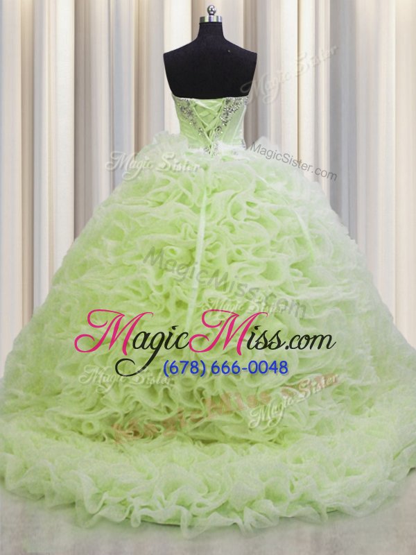 wholesale pretty brush train yellow green fabric with rolling flowers lace up sweetheart sleeveless floor length sweet 16 quinceanera dress beading and pick ups