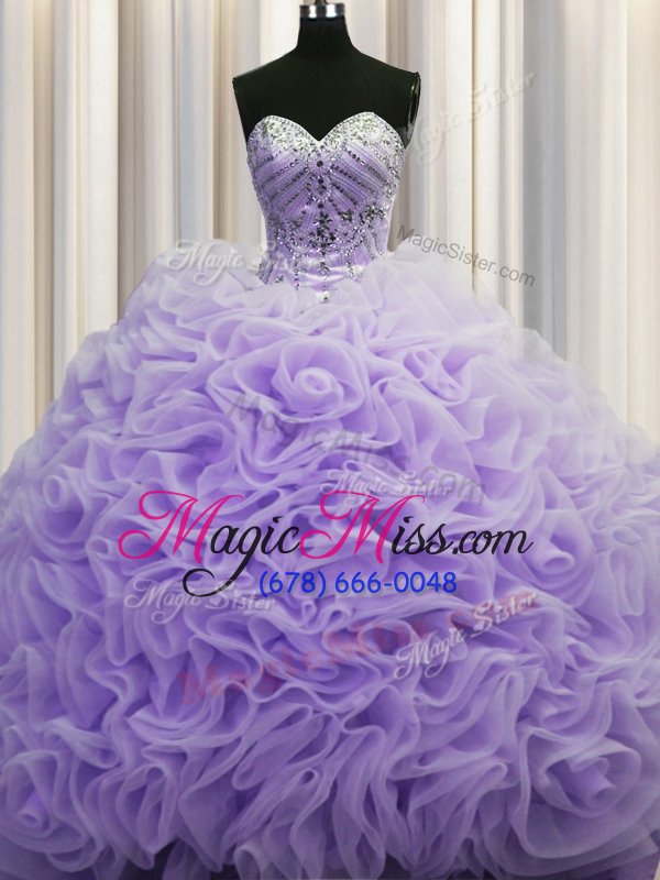 wholesale traditional lavender quinceanera dress fabric with rolling flowers brush train sleeveless beading and pick ups