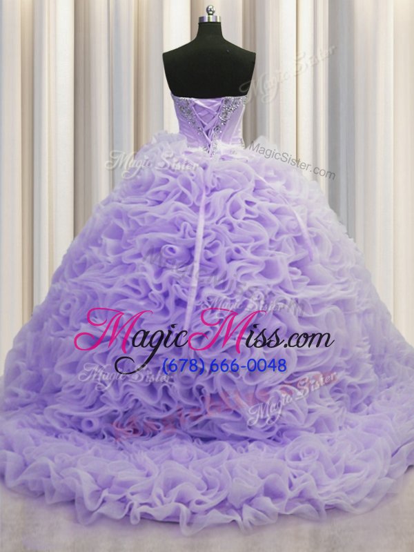 wholesale traditional lavender quinceanera dress fabric with rolling flowers brush train sleeveless beading and pick ups