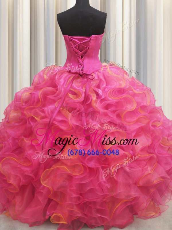 wholesale hot selling sweetheart sleeveless quinceanera gown floor length beading and ruffles hot pink organza