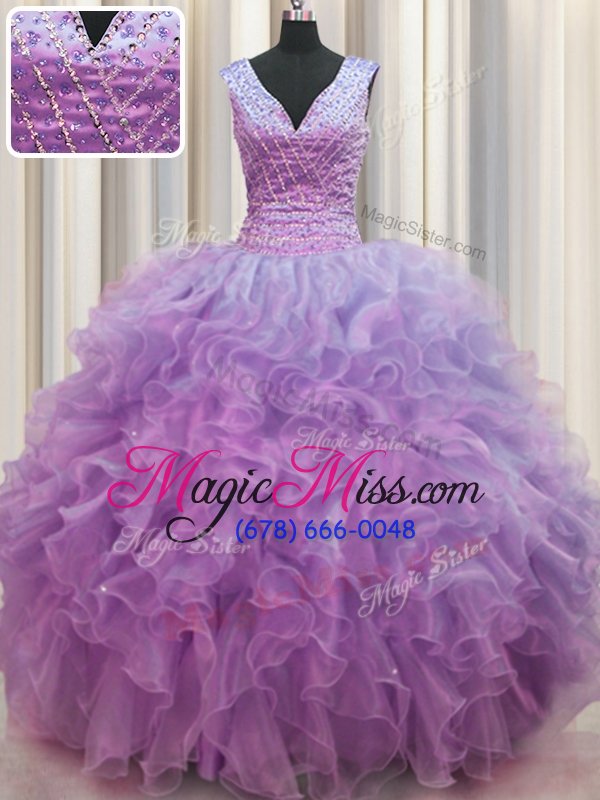 wholesale nice v neck zipper up ball gowns ball gown prom dress lilac v-neck organza sleeveless floor length zipper