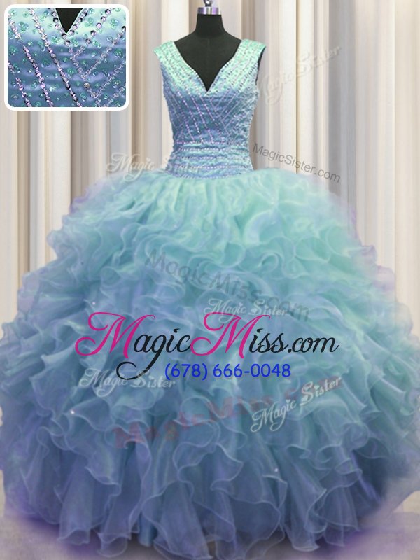 wholesale elegant v neck zipper up baby blue ball gowns v-neck sleeveless organza floor length zipper ruffles 15 quinceanera dress