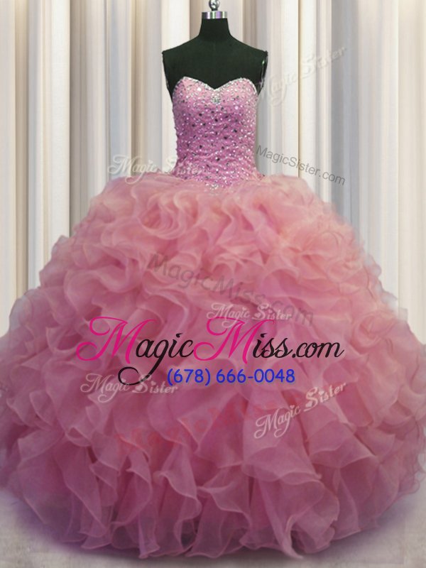 wholesale cheap beading and ruffles quinceanera gown watermelon red lace up sleeveless floor length