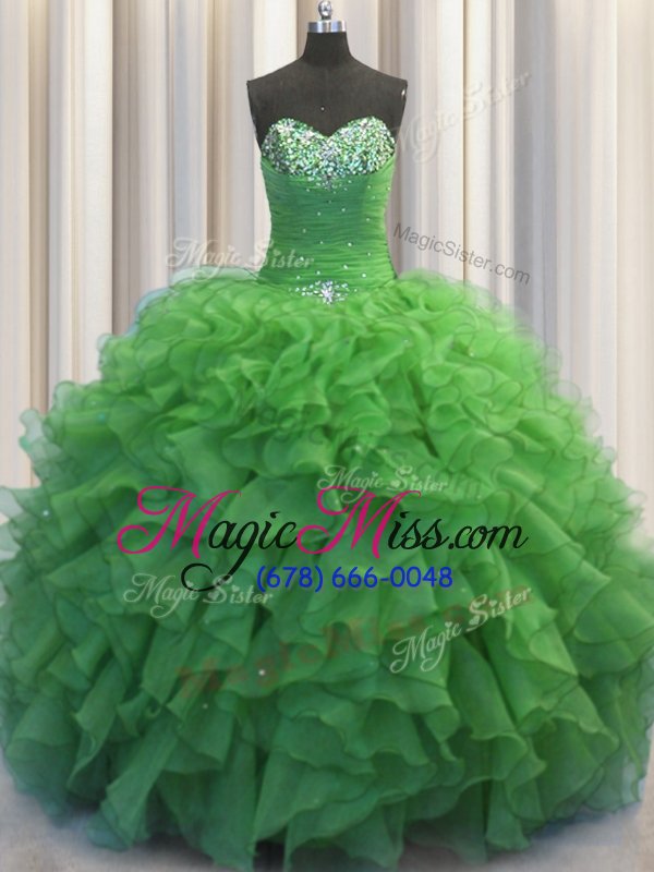 wholesale customized beaded bust green sleeveless organza lace up quinceanera dresses for military ball and sweet 16 and quinceanera