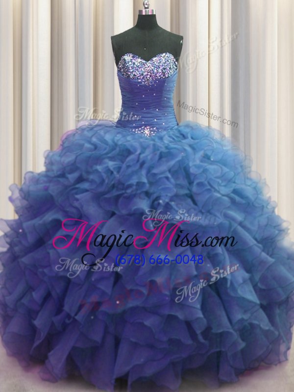 wholesale fitting beaded bust sleeveless floor length beading and ruffles lace up ball gown prom dress with blue