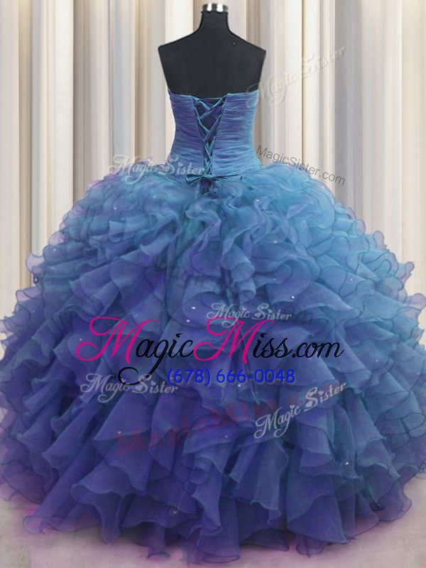 wholesale fitting beaded bust sleeveless floor length beading and ruffles lace up ball gown prom dress with blue