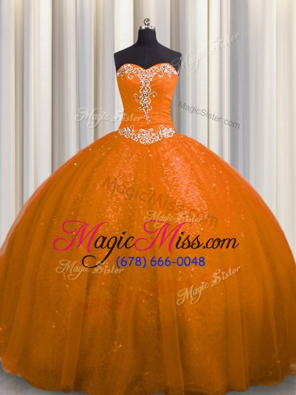 wholesale delicate court train rust red ball gowns beading and appliques 15th birthday dress lace up tulle and sequined sleeveless with train