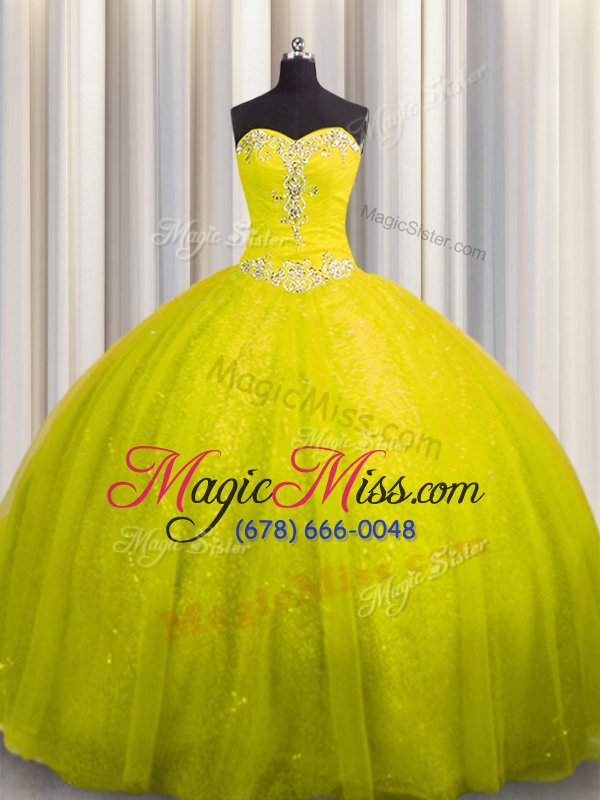 wholesale free and easy sequined beading and appliques sweet 16 dress yellow green lace up sleeveless court train