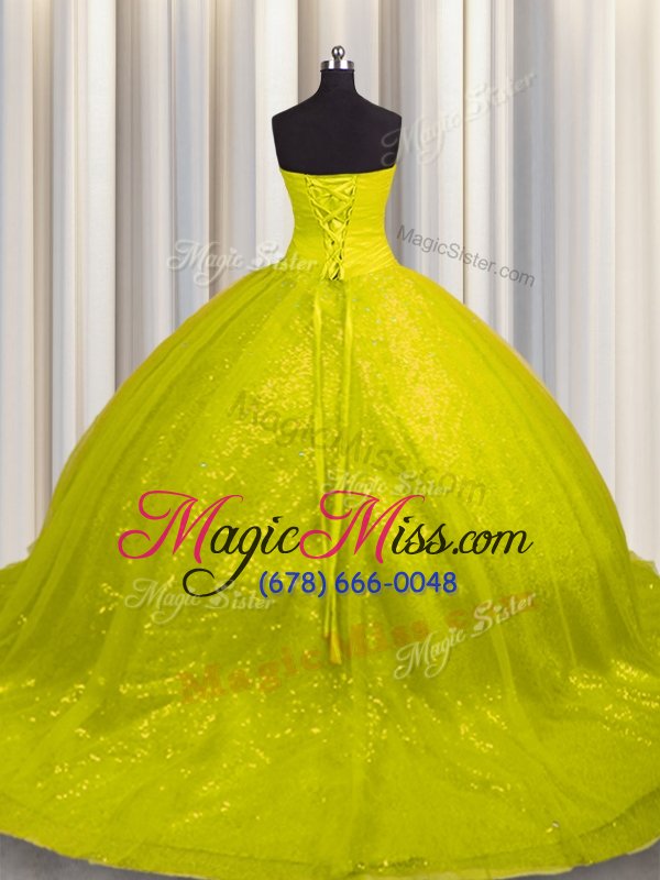 wholesale free and easy sequined beading and appliques sweet 16 dress yellow green lace up sleeveless court train