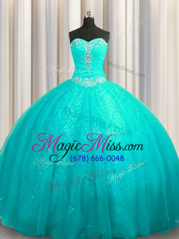wholesale clearance sequined ball gowns sleeveless aqua blue sweet 16 dress court train lace up