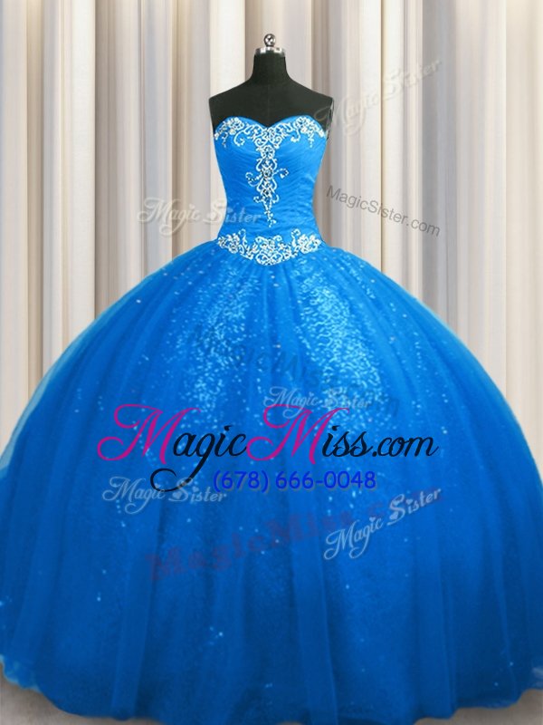 wholesale beautiful sequined with train lace up sweet 16 dress blue and in for military ball and sweet 16 and quinceanera with beading and appliques court train