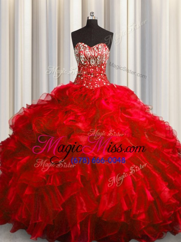 wholesale artistic red quinceanera dress military ball and sweet 16 and quinceanera and for with beading and ruffles sweetheart sleeveless brush train lace up
