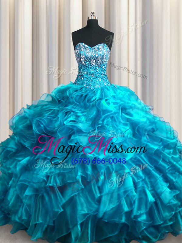 wholesale dazzling teal ball gowns organza sweetheart sleeveless beading and ruffles with train lace up quinceanera dress brush train