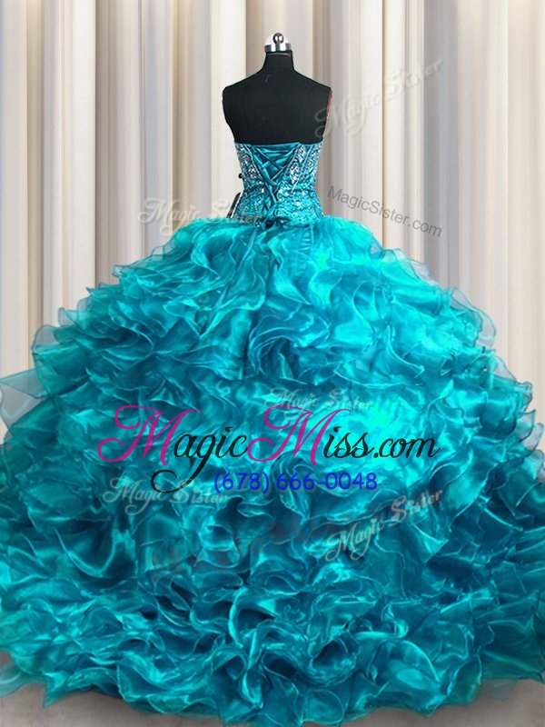 wholesale dazzling teal ball gowns organza sweetheart sleeveless beading and ruffles with train lace up quinceanera dress brush train