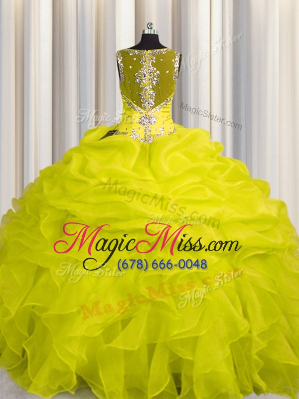wholesale glittering see through zipper up yellow green ball gowns organza straps sleeveless appliques and ruffles floor length zipper sweet 16 quinceanera dress