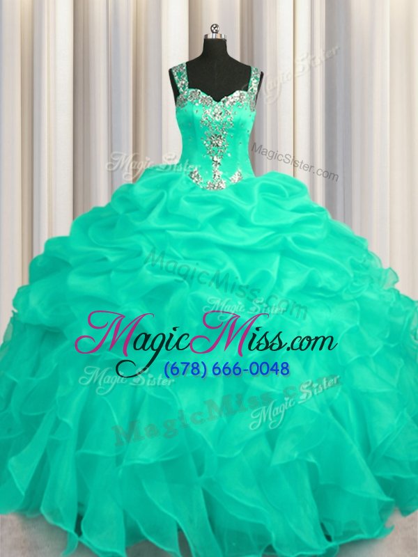wholesale stylish see through zipper up straps sleeveless zipper quinceanera gowns turquoise organza