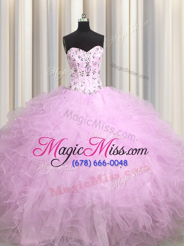 wholesale edgy visible boning lilac ball gowns tulle sweetheart sleeveless beading and appliques and ruffles floor length lace up 15th birthday dress
