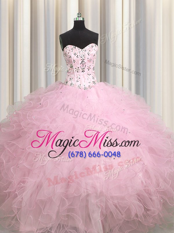 wholesale visible boning floor length baby pink quinceanera gowns tulle sleeveless beading and appliques and ruffles