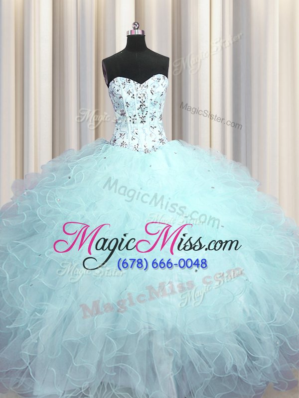 wholesale gorgeous visible boning sweetheart sleeveless quinceanera dresses floor length beading and appliques and ruffles light blue tulle
