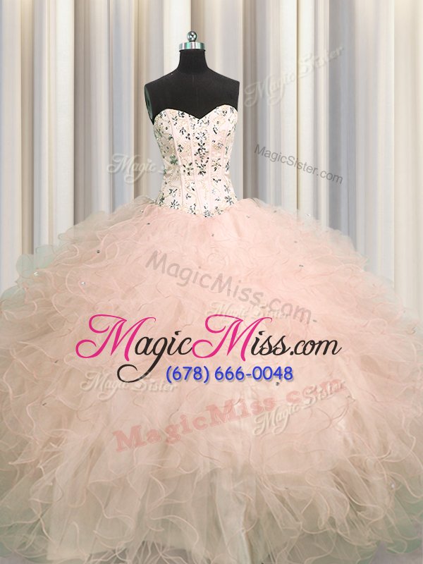 wholesale charming visible boning floor length pink 15 quinceanera dress tulle sleeveless beading and appliques and ruffles