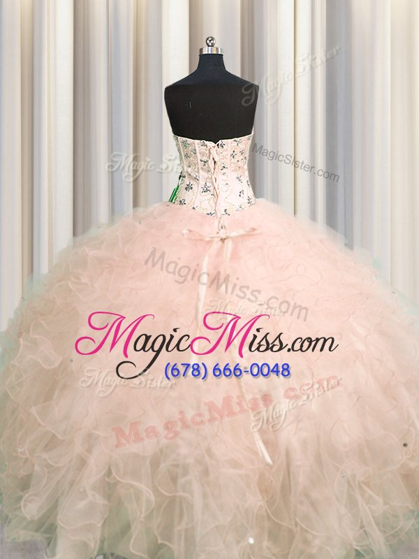 wholesale charming visible boning floor length pink 15 quinceanera dress tulle sleeveless beading and appliques and ruffles