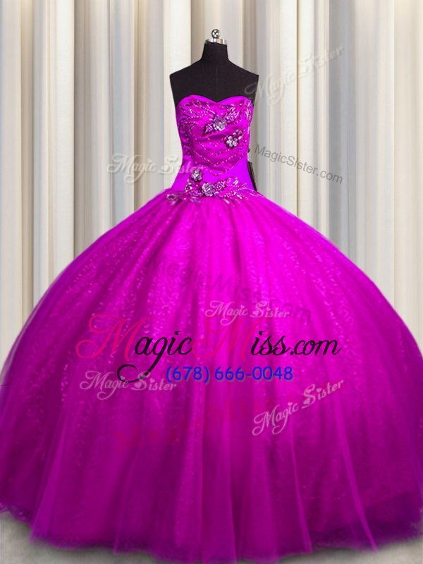 wholesale sweetheart sleeveless lace up sweet 16 dress fuchsia tulle and sequined