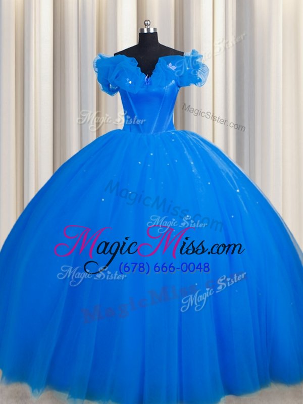 wholesale affordable off the shoulder royal blue short sleeves with train ruching lace up ball gown prom dress
