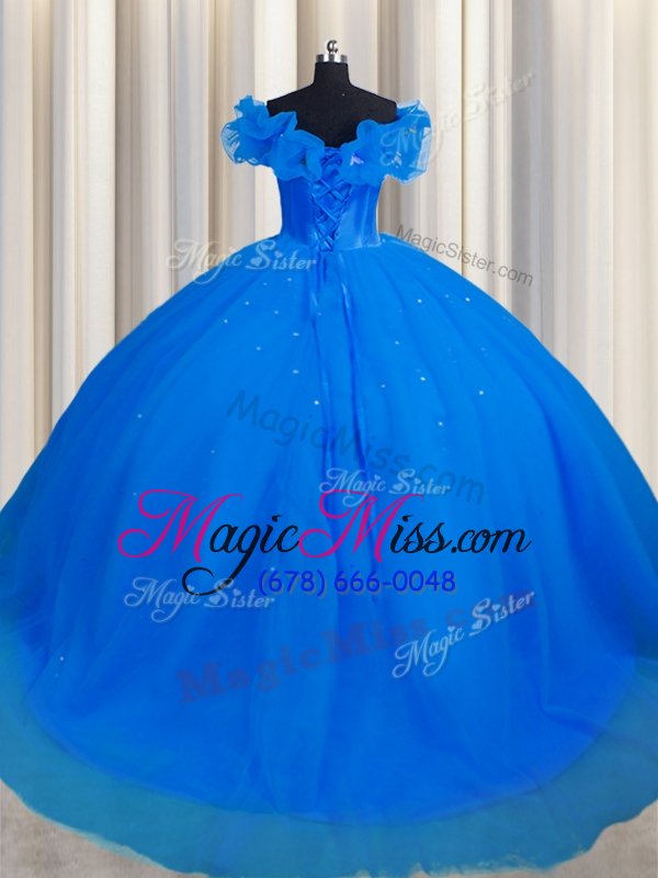 wholesale affordable off the shoulder royal blue short sleeves with train ruching lace up ball gown prom dress
