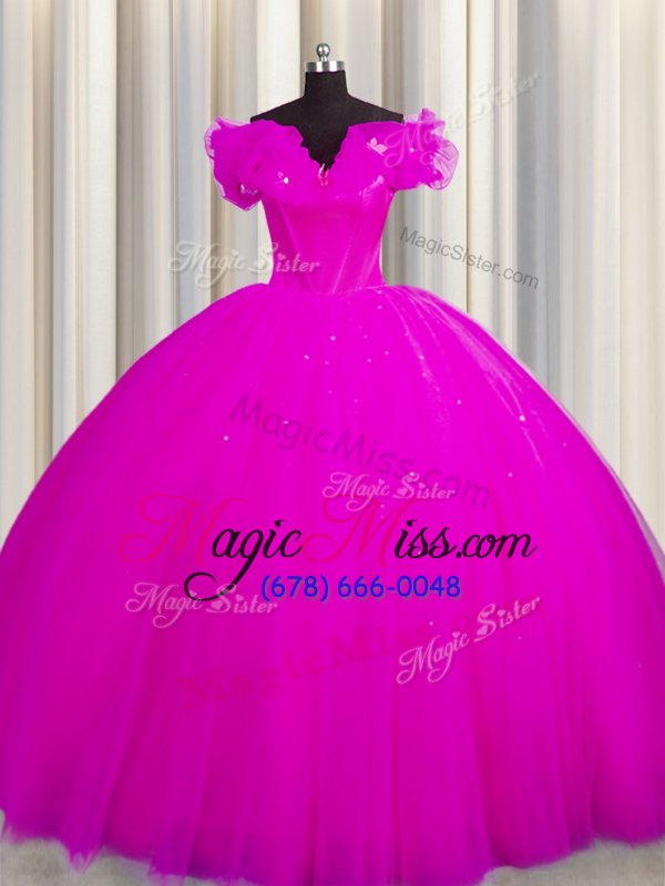 wholesale nice off the shoulder short sleeves with train ruching lace up ball gown prom dress with fuchsia court train
