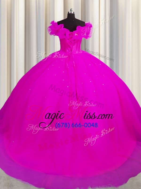 wholesale nice off the shoulder short sleeves with train ruching lace up ball gown prom dress with fuchsia court train