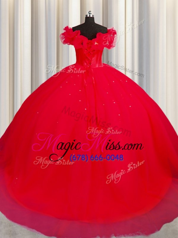 wholesale glittering off the shoulder short sleeves tulle with train court train lace up sweet 16 quinceanera dress in red for with ruching