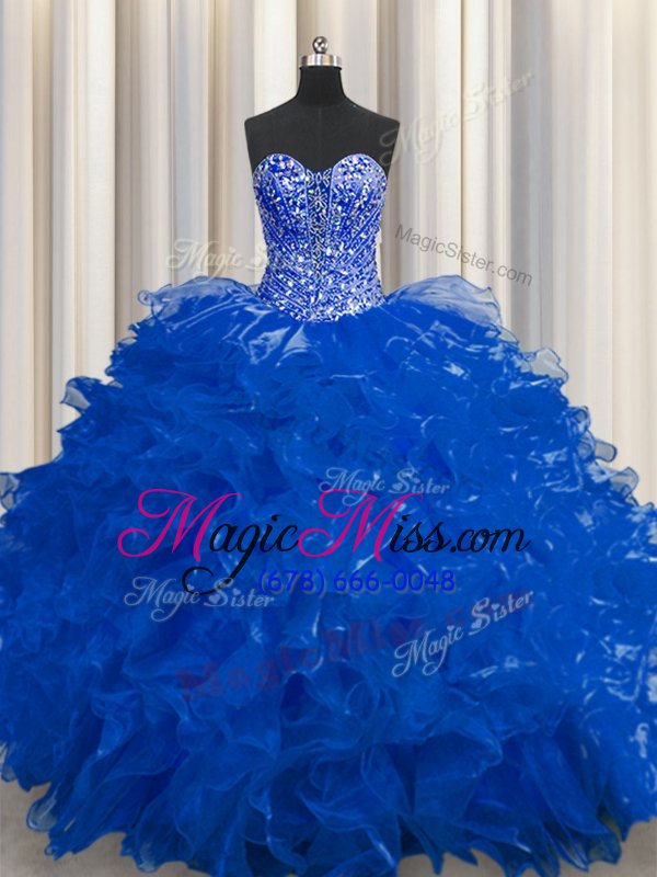 wholesale see through royal blue lace up quinceanera dress beading and ruffles sleeveless floor length