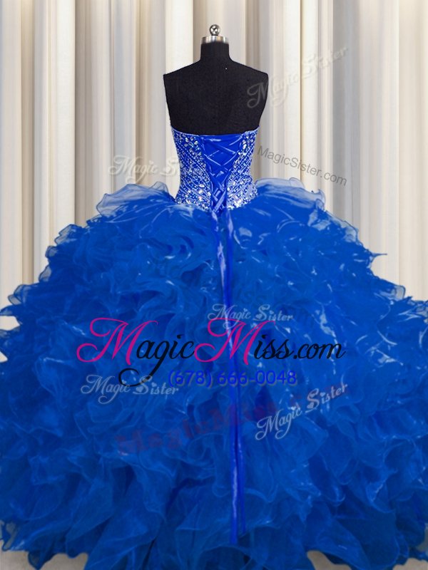 wholesale see through royal blue lace up quinceanera dress beading and ruffles sleeveless floor length